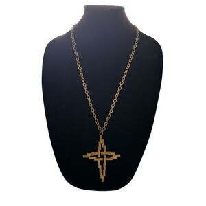Crown Trifari Gold Tone Modern Style Geometric Cross Pendant Necklace 27”